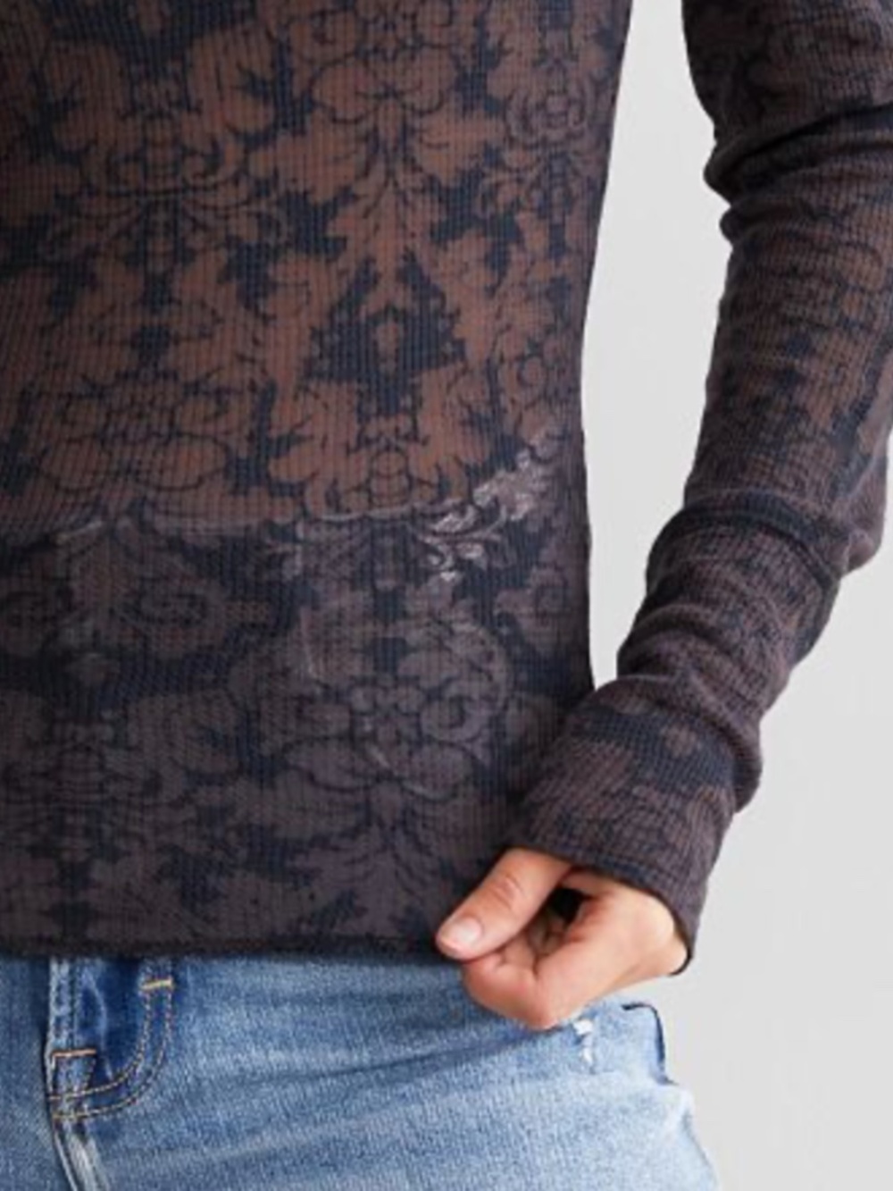 NWT Free People You & I Turtleneck Top Semi Sheer Long Sleeve Blouse Brown Black - Picture 2 of 7